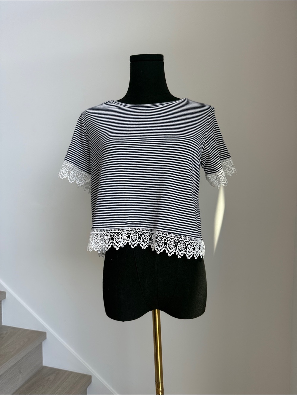 Topshop Black & White Striped Lace-Trim Crop Top